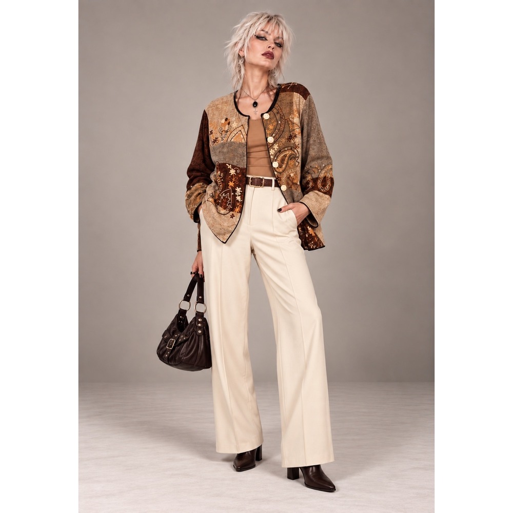 Indigo Moon L Embroidered Patchwork Jacket Brown Tan Rayon
